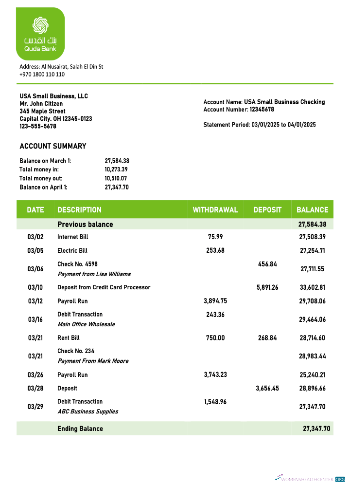 Palestine Quds organization checking account statement Word and PDF templatedoc
